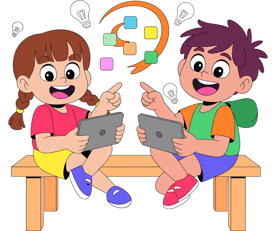 Two children happily learning English on tablets
